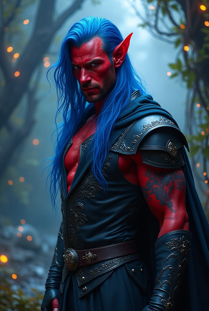 tiefling man with red skin and blue hair the blues