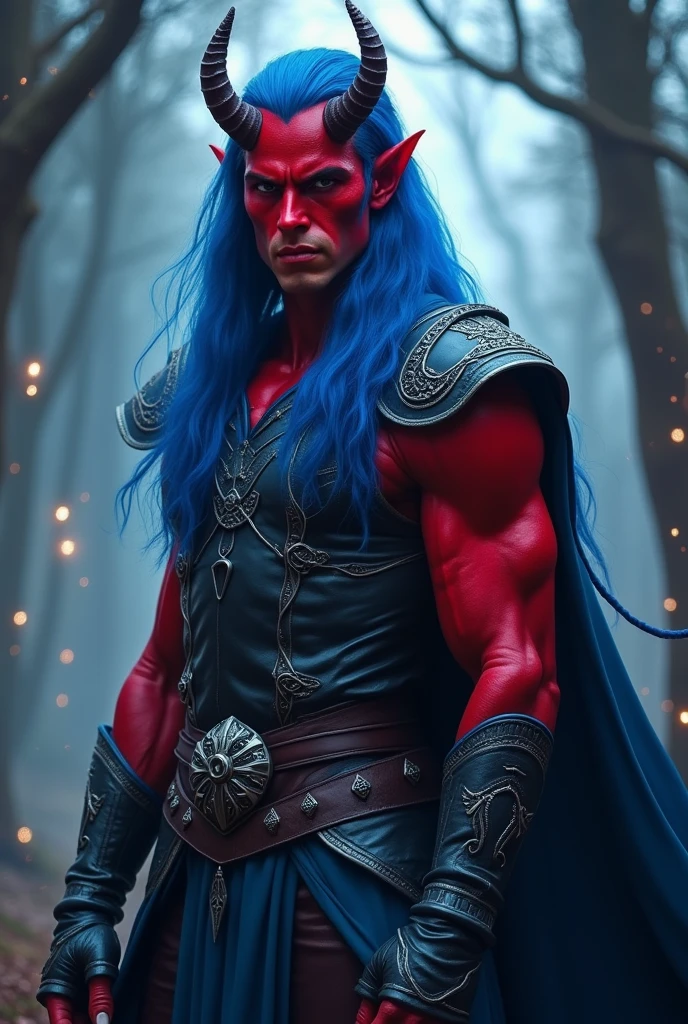 tiefling man with red skin and blue hair the blues