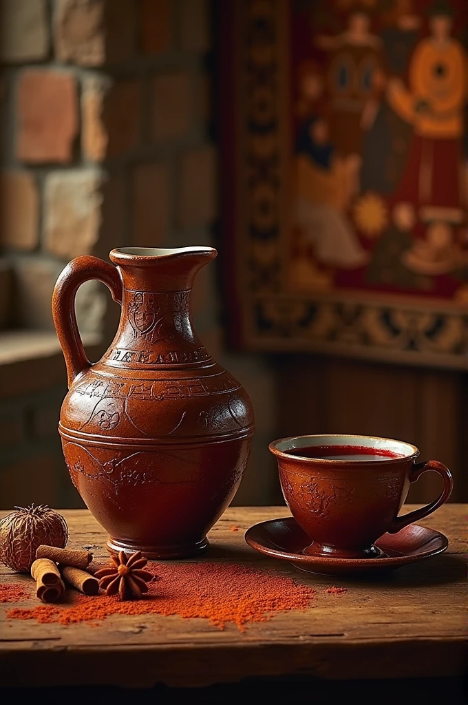 Table with a jug and cup containing a spiced wine called Hippocras from the Middle Ages