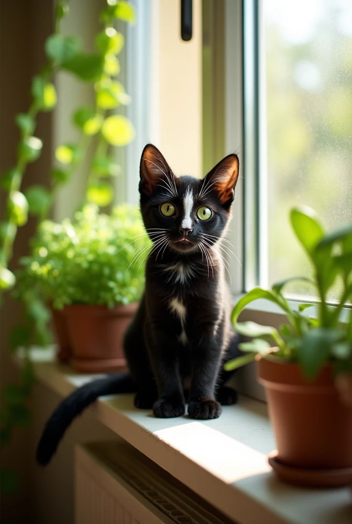 A small black cat with white on its head, a little bit of lime green also on the head with lime green and white stripes on its body 
