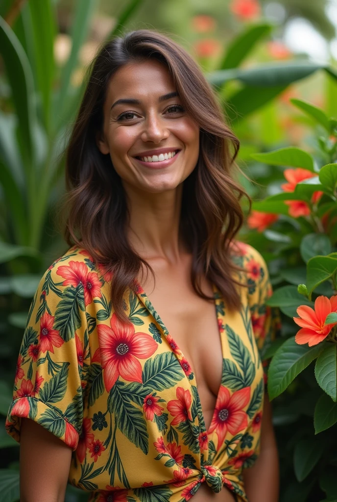 A Brazilian woman in a lush tropical garden, wearing an open shirt with a floral print, with a close-up capturing the harmonious beauty between her breasts and the natural flowers, showing off your natural charm and outgoing personality.