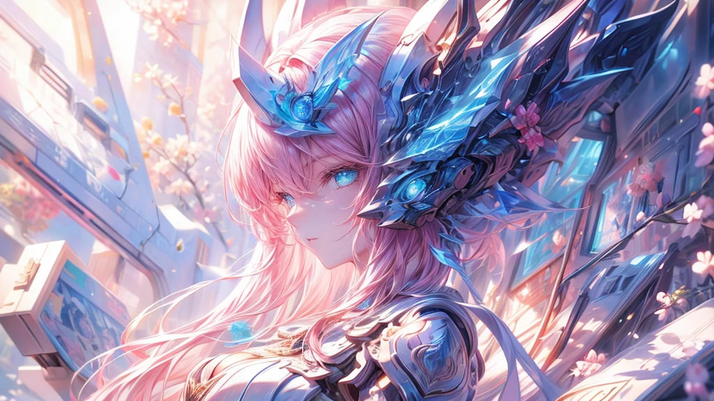 (masterpiece, Highest quality, Highest quality, beautifully)、Fantasy、Alchemy、female、Platinum pink hair、Long Hair、Shining blue eyes、Black Archangel Long Wind Feathers、(Magic stone implanted in chest)、(Next to the ear Giant spiral horn)、Magical Life、