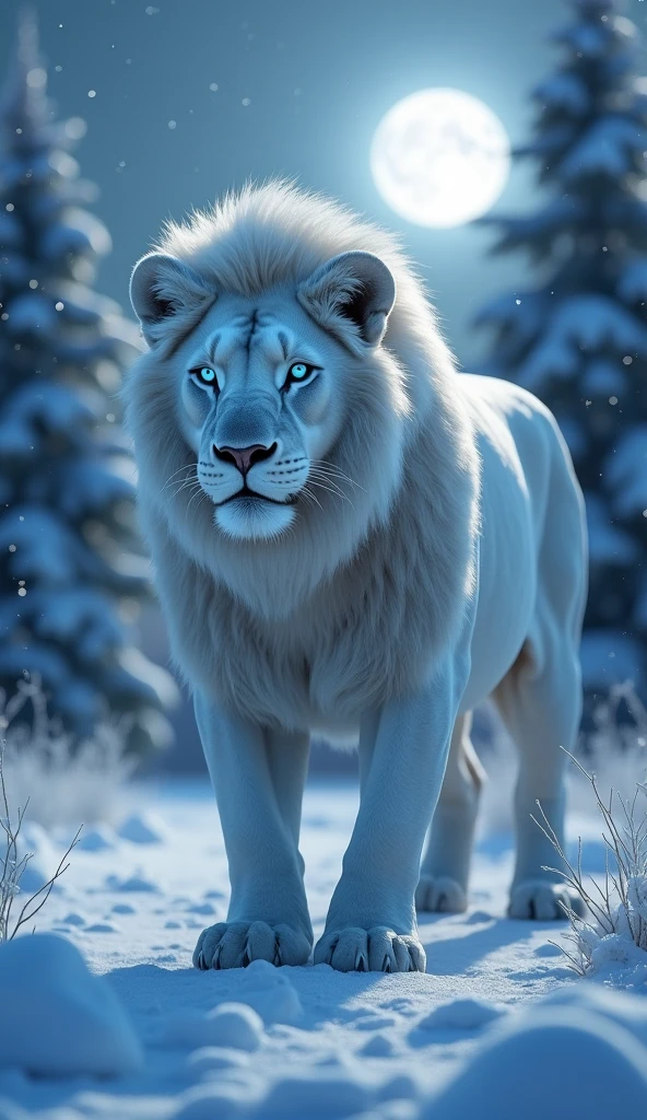 Generates a super mega ultra realistic 8k 3d image , of a strong and focused robust albino lion with blue eyes in the snows at night
