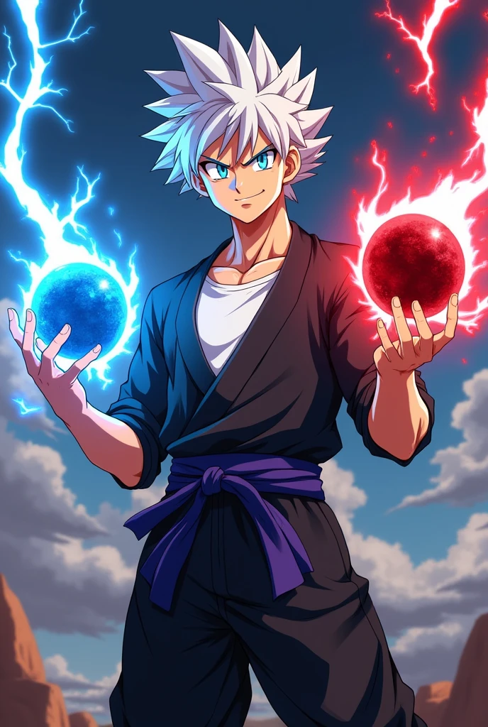 smile gojo body white skin, 80 kg muscular body, and white short hair, blue eyes, white T-shirt ,black leg karate suit ,shoot dark red lightning sphere from right hand,dark blue sphere from left hand anime style