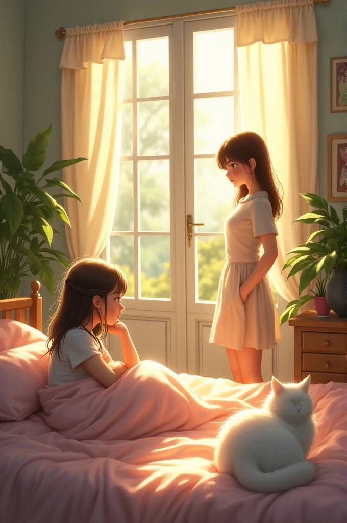 A room,the big window lighting up the room and a girl lying on the bed,a white cat lying at the foot of the bed and a lady staring at the door
