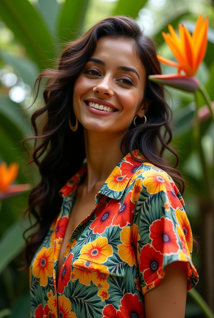 A Brazilian woman in a lush tropical garden, wearing an open shirt with a floral print, with a close-up capturing the harmonious beauty between her breasts and the natural flowers, showing off your natural charm and outgoing personality.
