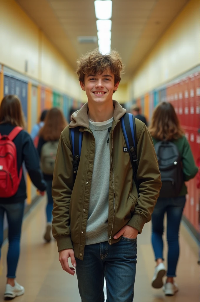 Create an image of a single student excitedly returning to school. The student must be carrying exactly one backpack and walking through the school hallway, with hands in pockets (ensuring hands are not visible). The hallway should be vibrant and colorful, with lockers and classroom doors visible in the background. The student should be smiling and looking forward with anticipation. EasyNegative, (worst quality, low quality:1.4), (((deformed))), distortions in the hands, face, and other parts, more than 1 character, more than 1 backpack, hands visible