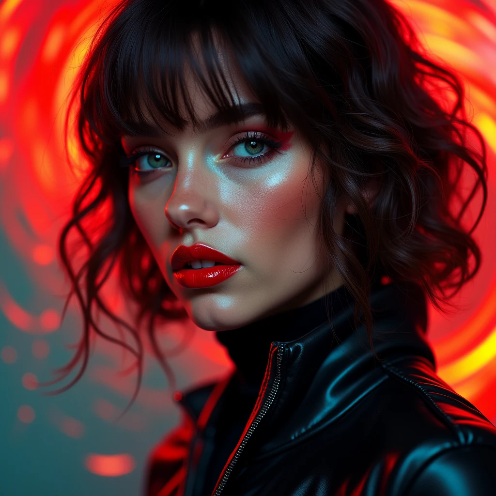 a close up of a woman in a black jacket and red lipstick, stunning digital illustration, glossy digital painting, Exquisite digital illustration, portrait of the art work of martin ansin, detailed sensual face, beautiful digital art, cute digital painting, beautiful digital illustration, beautiful digital art, digital art stunning, beautiful beautiful digital art, stunning digital painting, a beautiful art illustration