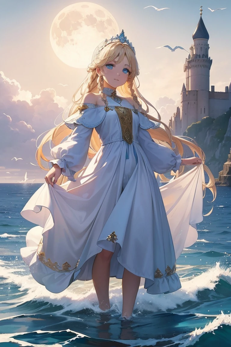 ,((Best quality))),8k,((Masterpiece)),(Extremely refined and beautiful), there is a girl coming out of the sea, a swan princess in Russian mythology, beautiful calm face, blue eyes, long blonde hair braided, the moon braided hair on the back of the head, white old Russian shiny clothes with a Kokoshnik crown on his head, affectionate eyes, half a smile, a gentle expression on his face, seascape and sunlight in the background, seagulls in the sky, full length, realism