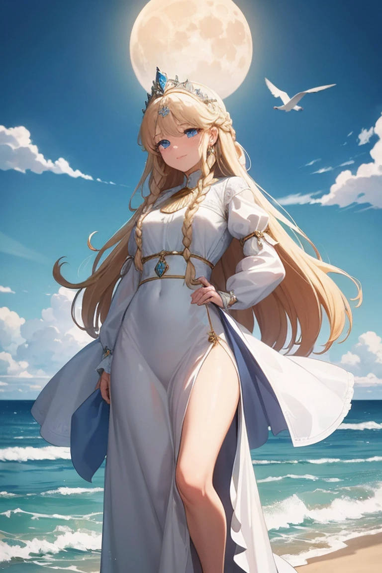 Fantasy World，Anime Style,Woman with long hair,Blonde or black hair,princess,水の国のprincess,She wears a white and blue princess dress that is easy to move in.,Dignified but lively personality,Elegant，Vivid colors，The background is the sea，