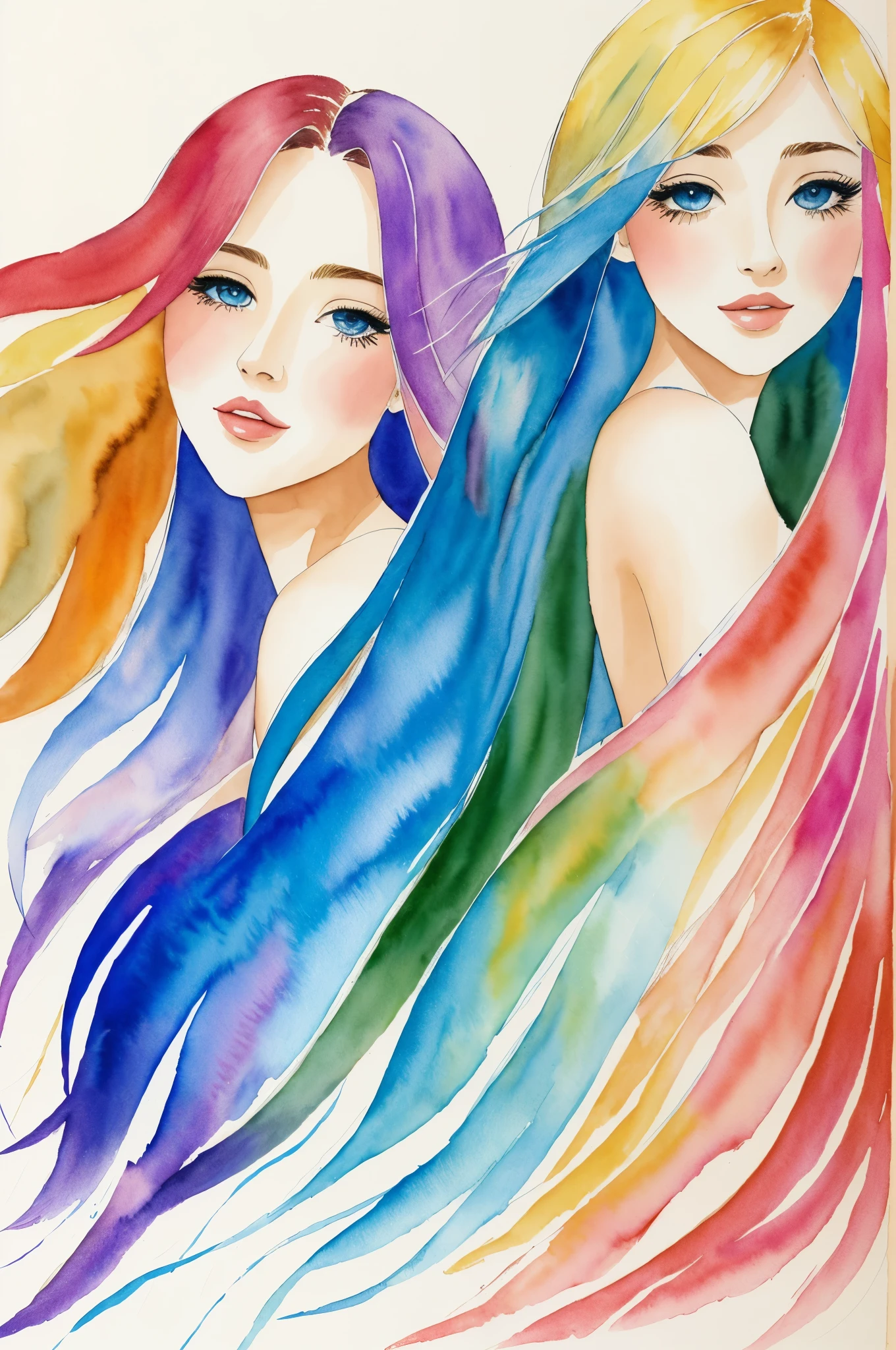 masterpiece, best quality, 2girls, long flowing hair, watercolor, upper body photo
