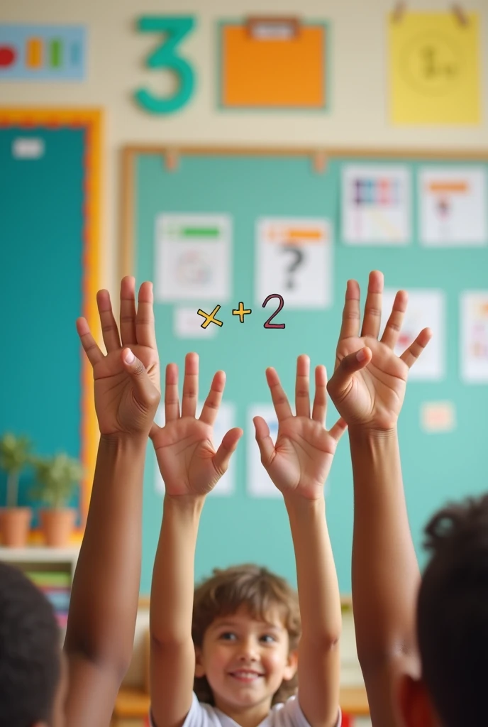 Represent the operation 3+2=5 with hands