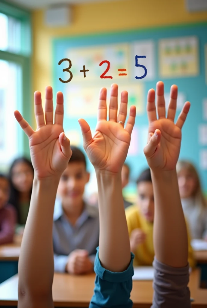 Represent the operation 3+2=5 with hands