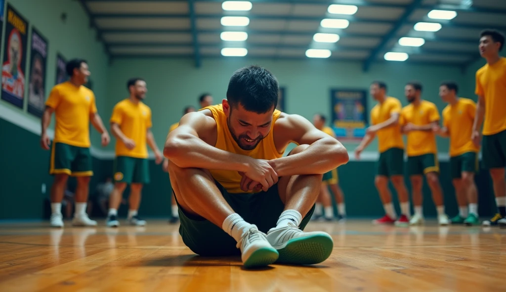Asian man sad and crying after losing in the basketball game. Brazilian men laughing at their defeat.