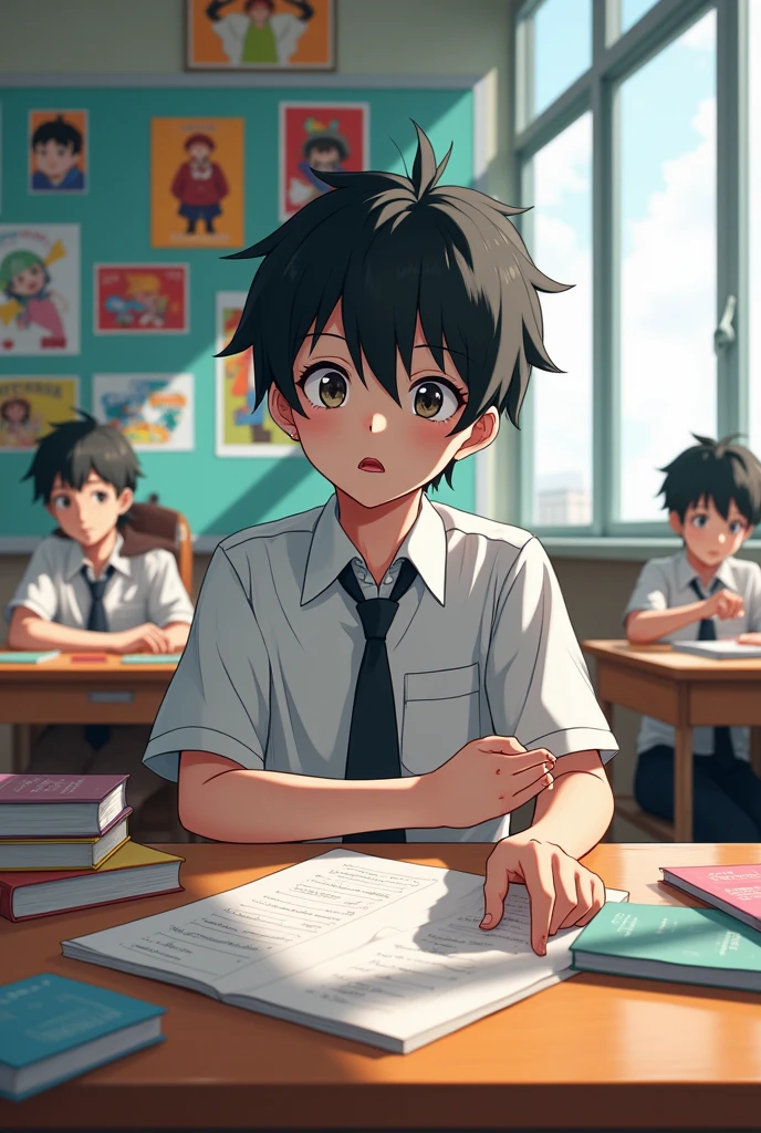 a black haired boy, snow-white skin and red lips in the UA uniform, sitting in the 1-A classroom at UA
