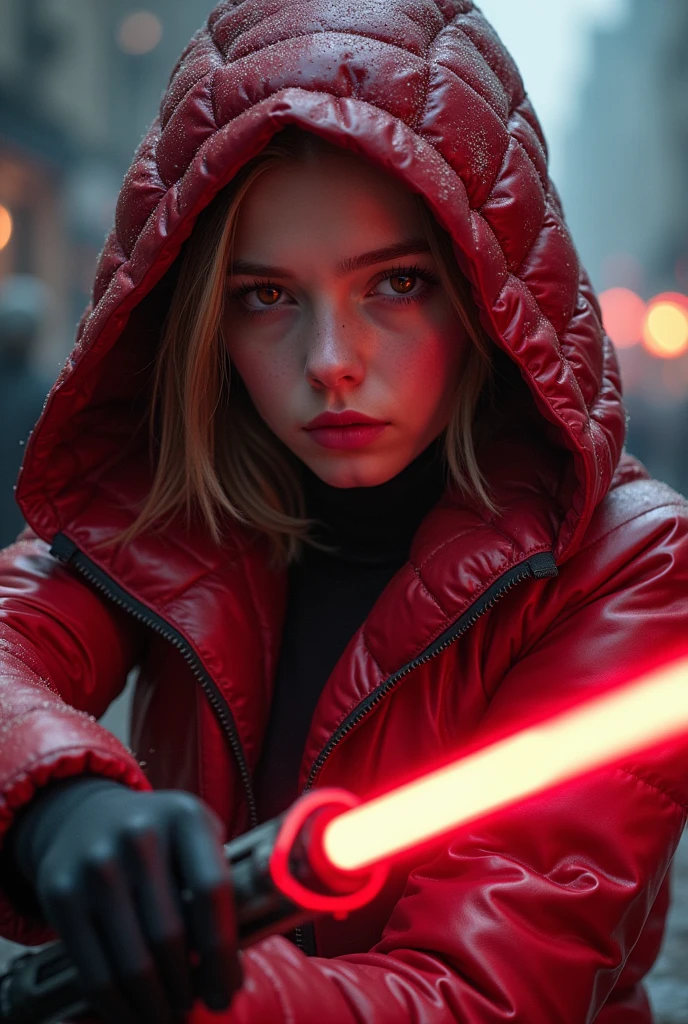 a slim ponytail 16 year old red-eyed sith wielding her bright lightsaber battling with her slim nemesis,beautiful detailed eyes,beautiful freckles,beautiful detailed lips,extremely detailed eyes and face,longeyelashes, wearing beautiful detailed skintight airtight covering-head hooded formfitting duvetica overfilled shiny super gleamy thick glossy puffervest covering over her padded high-collared pufferjacket, glossy latex leggings,symmetrical,masterpiece,cinematic,lifelike,hyperrealistic,8k,photorealistic,highly detailed,intricate,exquisite,elegant,beautiful,stunning