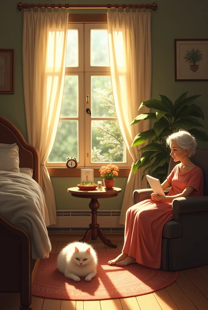 A room,the big window lighting up the room and a girl lying on the bed,a white cat lying at the foot of the bed and an elderly woman staring intently at the door