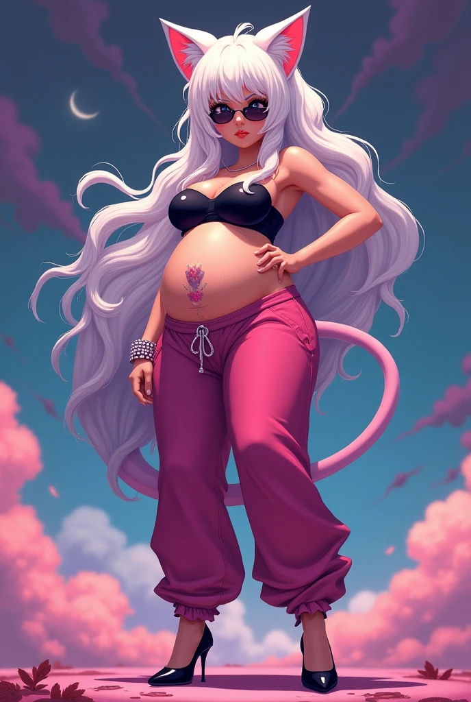 Android 21 from dragonball, black sclera, pink skin, tube top, bracelet, harem pants, high heels, tail, white hair, big belly, thick thights, alone,person inside stomach, vore,