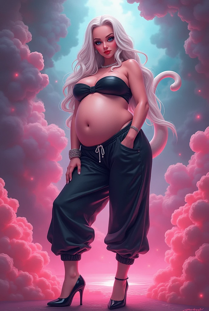 Android 21 from dragonball, black sclera, pink skin, tube top, bracelet, harem pants, high heels, tail, white hair, big belly, thick thights, alone,person inside stomach, vore,