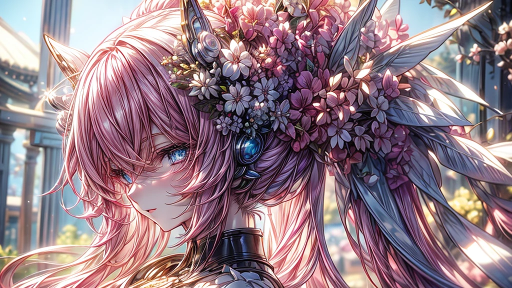 Detailed anime style, Beautiful and stunning artwork, Bright shadows, strong colors, Pastel cotton candy, a beautiful woman, pink hair, blue eyes, Beautiful scenery, Cherry blossom leaves, Linear and detailed illustration