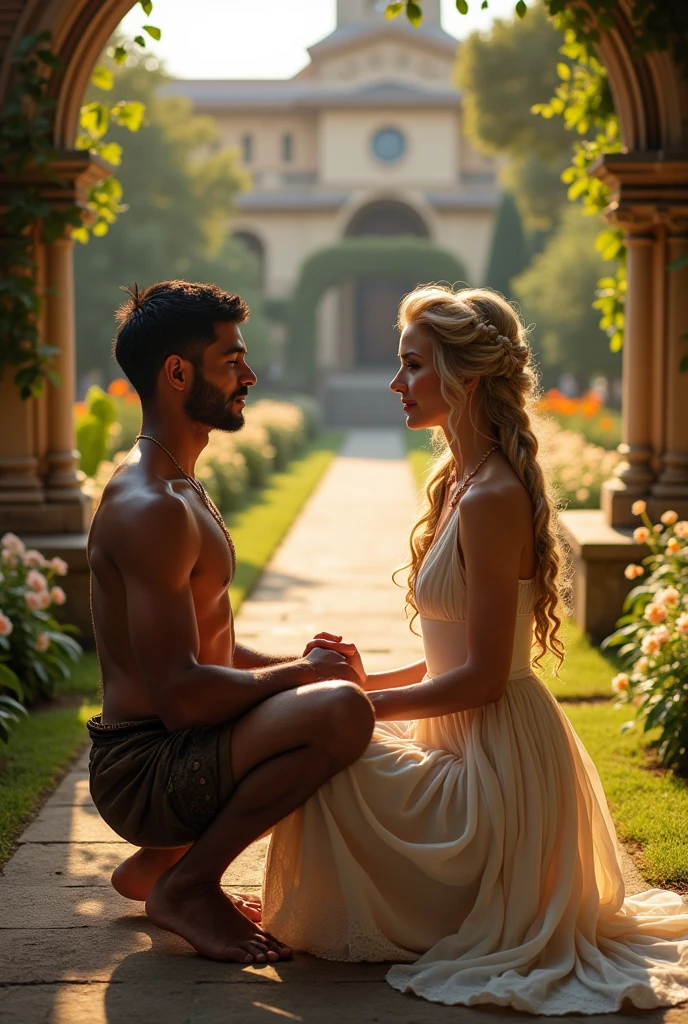 An indigenous man with a Peruvian appearance and short bowl-cut hair kneeling beside a sweet European woman of royalty with long blonde hair.