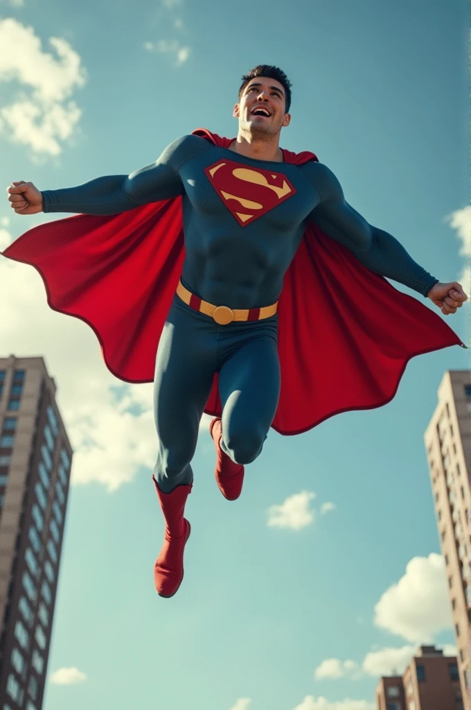 Low-income superhero man flying