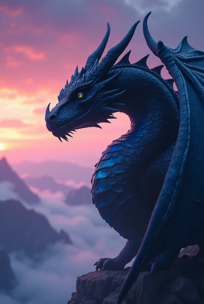 Black dragon with blue details and a scar on its right eye