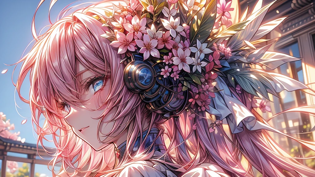 Detailed anime style, Beautiful and stunning artwork, Bright shadows, strong colors, Pastel cotton candy, a beautiful woman, pink hair, blue eyes, Beautiful scenery, Cherry blossom leaves, Linear and detailed illustration