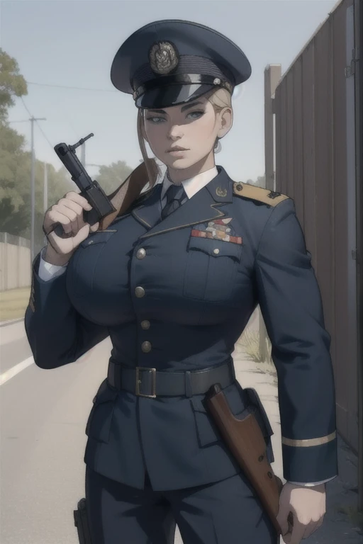 masterpiece, best quality, 1girl, solo, large breasts, (big breast implants, fake , unaligned breasts, perfectly round breasts), SFW, military uniform, standing at attention, holding a rifle, looking at viewer,