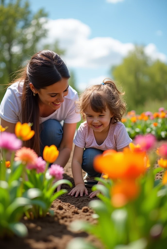 of five years old with brown hair planting flowers in a garden with her mother