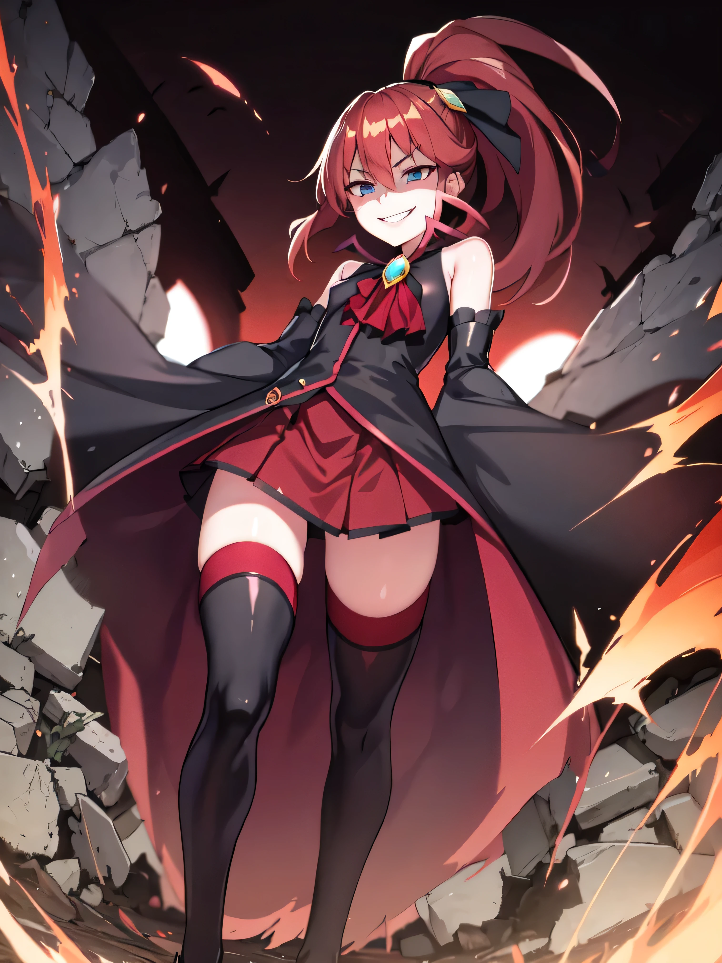 Highest quality, masterpiece, One Girl,Not beautiful, Red Ponytail, Long dress, brooch, Hair Ribbon, Black knee socks, Standing on the rubble, (Evil smile:1.1), ,,Dark shadow face,Sadistic smile,Malice,Contempt,smile,latex,Bad face,,Red Skirt,both hands,Two legs,Five Fingers,Evil background,Elbow fullgloves,latex, Evil smile, Debish Aura (Shiny fabric:1.5),Dark world background,solo,