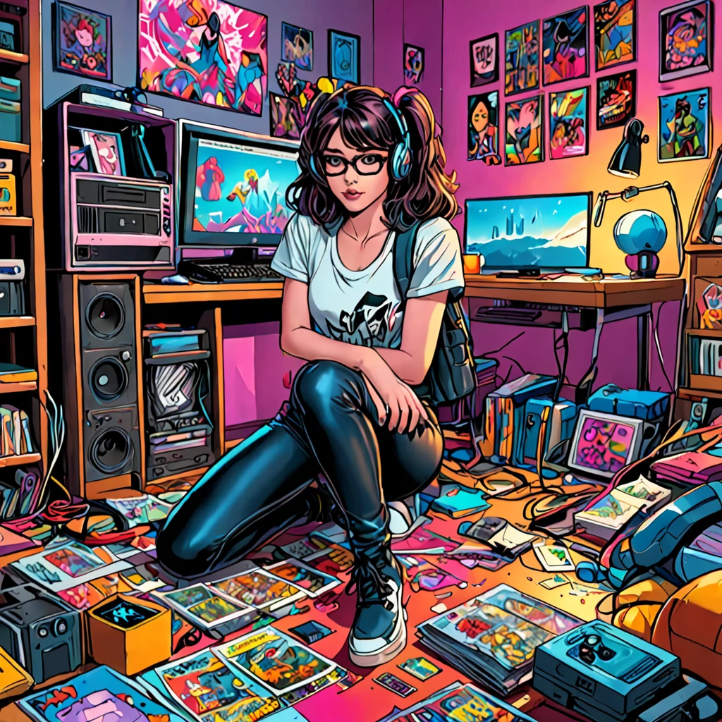 comic Create a vivid and nostalgic 80s-inspired misc hand-drawn illustration of Artgerm's comics art style, featuring a young gamer girl with an alluring appearance, leatherleggings, She is immersed in her bedroom at night playing retro games under the soft light from her computer screen while surrounded by neon band posters, the room showcases her nerdy side through cluttered clothes on the floor and colorful decorations, highly detailed eyes, embedding:SimplePositiveXLv2,  . graphic illustration, comic art, graphic novel art, vibrant, highly detailed,