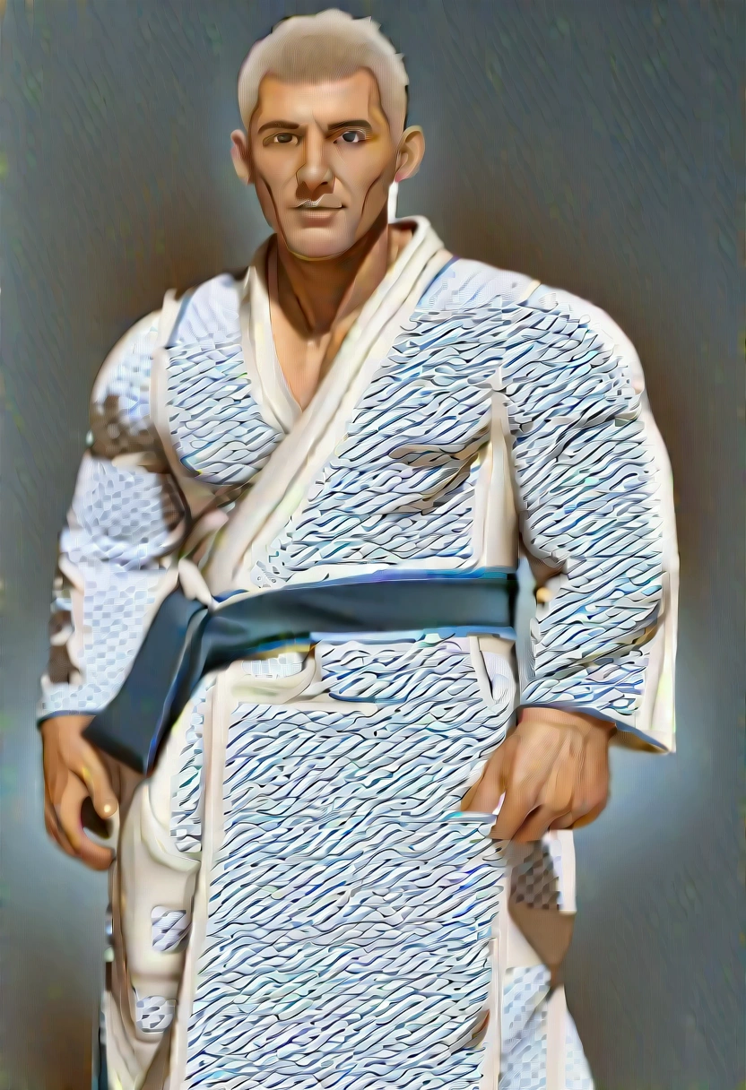 Name: Randall Clance
Age: 55
Hair: White with red-gray edges at temples, styled in a quiff, with back and sides tapered
Eyes: Light green or blue
Body Shape: Bara bodybuilder, middle-aged but more handsome
Muscles: Large, prominent pectoral muscles, biceps, and overall muscular physique
Attire: A traditional Japanese yukata, light blue with subtle white patterns, tied with a simple dark blue obi (belt). When in the onsen, he wears a modest, white towel wrapped around his waist.
Description: Randall Clance embodies the epitome of middle-aged charm and strength, even in a relaxed setting like an onsen. His white hair, accented by hints of red-gray at the temples, and piercing light green or blue eyes, still command attention. His seasoned bodybuilder physique is even more noticeable, with large, prominent muscles especially in the chest and arms. Clad in a traditional light blue yukata with subtle white patterns, and a simple dark blue obi, Randall maintains his aura of confidence and authority. When soaking in the onsen, he wears a modest white towel wrapped around his waist, emphasizing his muscular build and relaxed yet commanding presence. As a coach professor, his presence is both inspiring and formidable, even in moments of tranquility.