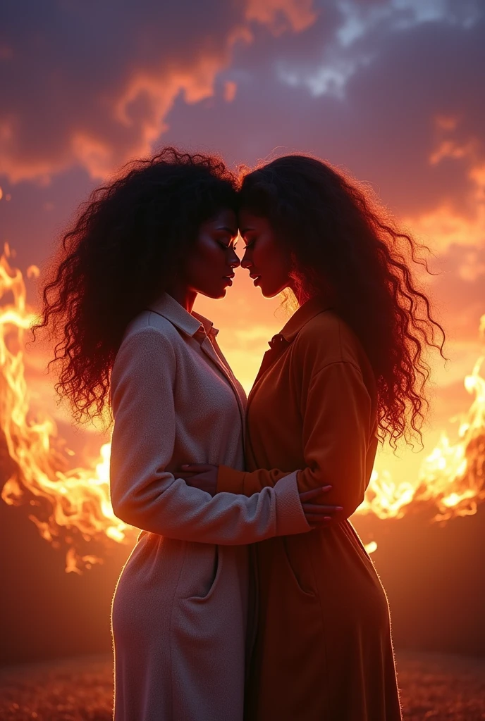 Book cover with an interracial female couple and fire