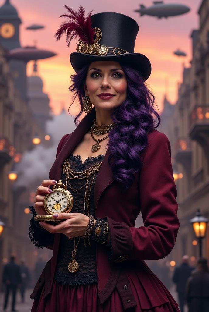 An older woman with dark purple hair, with black eyes Has a pocket watch His attire must be a Victorian era dress, Steampunk setting, with a hat.