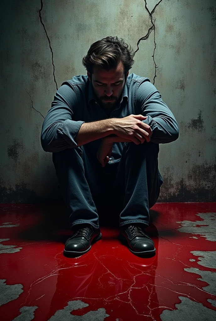 Create a book cover featuring a man sitting on the ground, and the floor is covered in blood