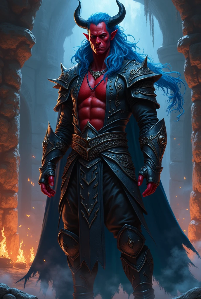 tiefling man with red skin and blue hair the blues