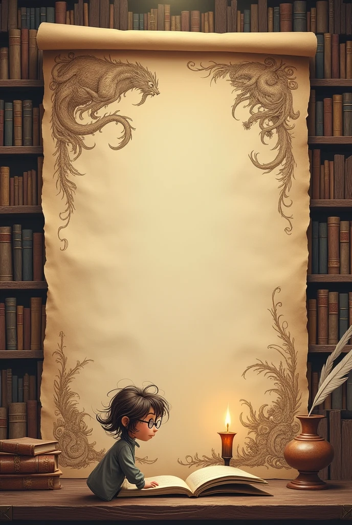 Brown paper background with literature drawings on the edges