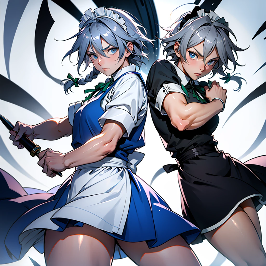 アニメ (8k, masterpiece, Best quality, high resolution), fantasy, Cute face, kawaii, Cute, Very big eyes, Aesthetic anime eyes, small face,
1 girl, only, (Izayoi Sakuya), blue eyes, Maid headdress, braid, gray hair, Maid, twin braiders, Short hair, cuffs, bow, hair bow, short sleeves, ribbon, apron, holding a knife, clock, serious, (light particles), lines of movement, dynamic angle, battle, wind, struggle, (cowboy shot), look at the viewer,