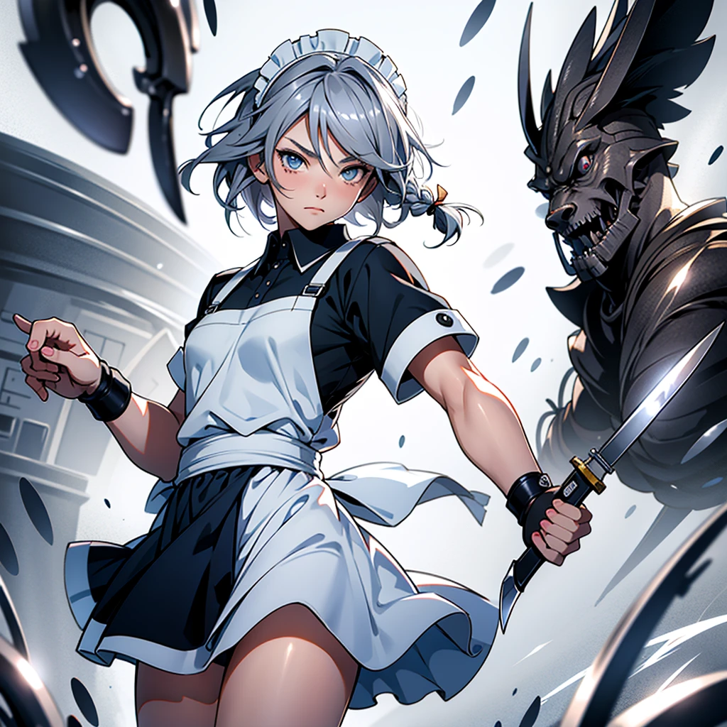 アニメ (8k, masterpiece, Best quality, high resolution), fantasy, Cute face, kawaii, Cute, Very big eyes, Aesthetic anime eyes, small face,
1 girl, only, (Izayoi Sakuya), blue eyes, Maid headdress, braid, gray hair, Maid, twin braiders, Short hair, cuffs, bow, hair bow, short sleeves, ribbon, apron, holding a knife, clock, serious, (light particles), lines of movement, dynamic angle, battle, wind, struggle, (cowboy shot), look at the viewer,