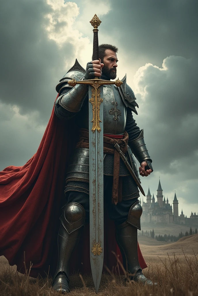 a cross-shaped sword with his hand wearing armor holding it in a crossed pose, wielding, S
