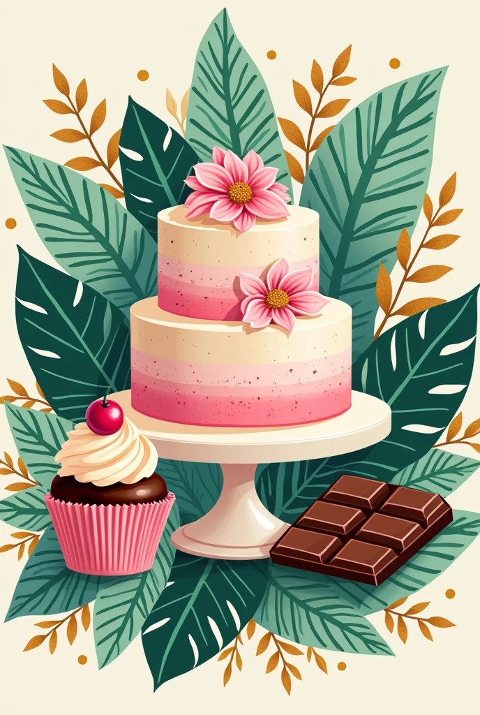 A beautiful logo for a bakery with a cake in the middle, a cupcake and a chocolate bar. Finally, it should have a background with jungle patterns.
