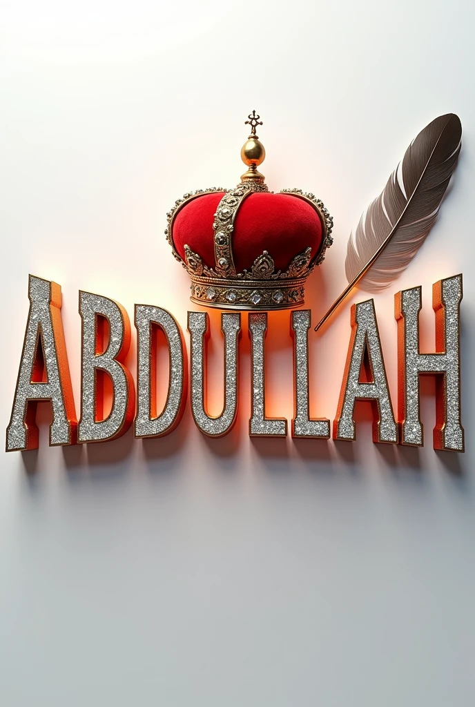 A mesmerizing 3D digital art masterpiece that captivates the viewer with its intricate design. The name,,ABDULLAH,, is prominently displayed in a striking font, adorned with a luxurious golden,red crown. A flowing feather gracefully follows behind, adding to the design's visual appeal. The name glows in vibrant colors such as silver, enhancing its breathtaking beauty. Warm silver lighting illuminates the design, creating depth and dimension, and delicate diamonds are strategically placed for added glamour. The pristine white background highlights the name, transforming the design into a truly fascinating piece. With its cinematicposter-like quality, this extraordinary work of art masterfully blends elements of dark fantasy, and 3D rendering, typography, and 3D rendering., architecture, typography