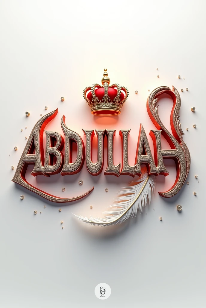 A mesmerizing 3D digital art masterpiece that captivates the viewer with its intricate design. The name,,ABDULLAH,, is prominently displayed in a striking font, adorned with a luxurious golden,red crown. A flowing feather gracefully follows behind, adding to the design's visual appeal. The name glows in vibrant colors such as silver, enhancing its breathtaking beauty. Warm silver lighting illuminates the design, creating depth and dimension, and delicate diamonds are strategically placed for added glamour. The pristine white background highlights the name, transforming the design into a truly fascinating piece. With its cinematicposter-like quality, this extraordinary work of art masterfully blends elements of dark fantasy, and 3D rendering, typography, and 3D rendering., architecture, typography