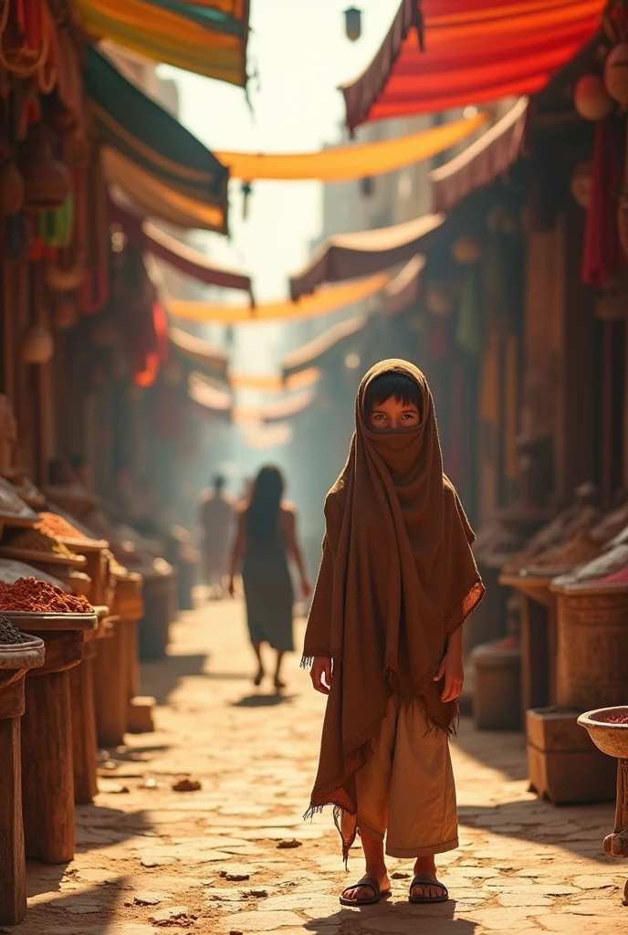 A boy seeing a girl passing through Egyptian market street 10 Metres away girl hiding her face with torn brown cloth her eyes are pink and blue gradient colour