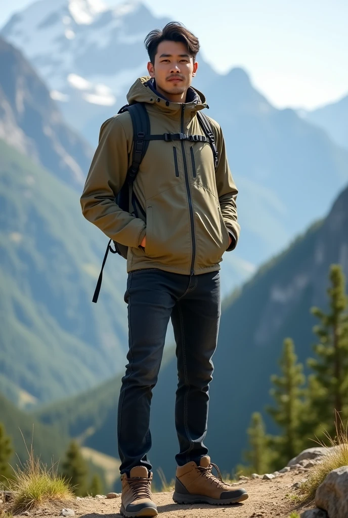 please make me a realistic photo of a 28-year-old Asian man with a handsome oval full body, wearing a outdoor gear, wearing black jeans, wearing mountain shoes, standing, with an aesthetic mountain background in the bright daylight.quality full hd 8k.