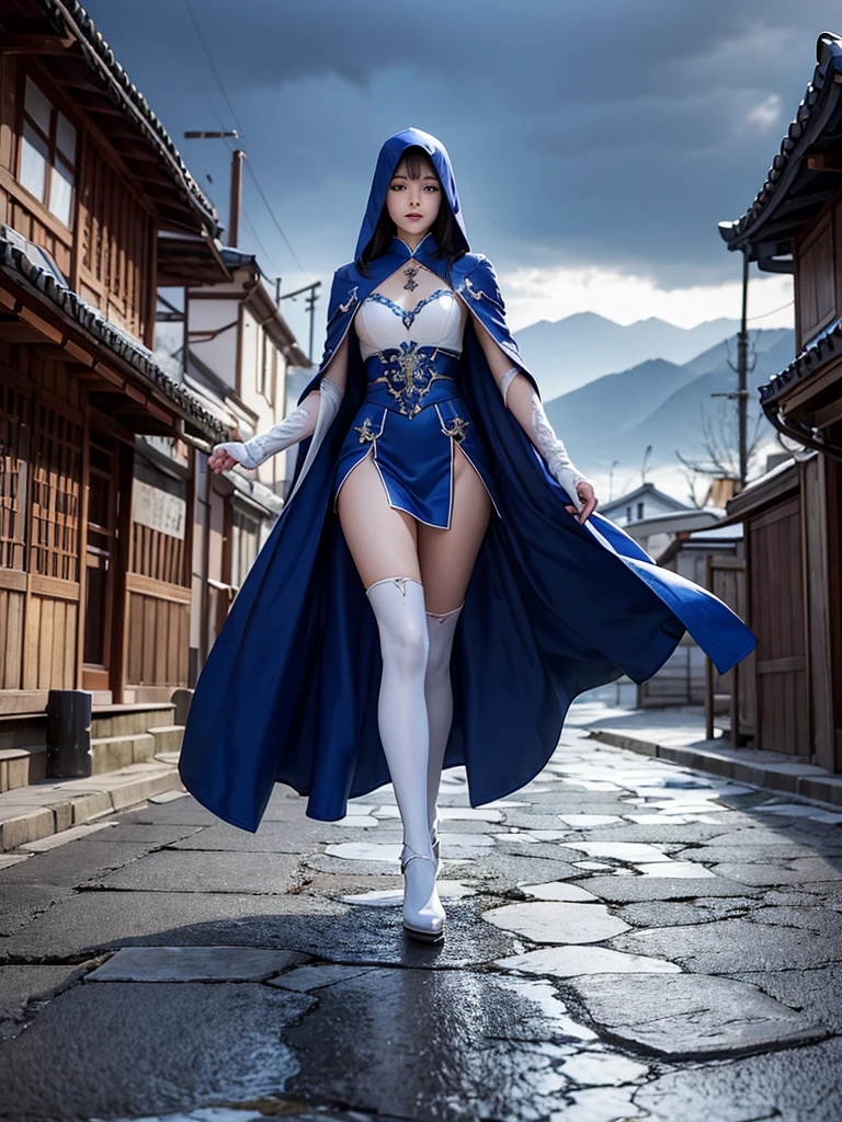 South korea walk women mystery hooded on with modern royal Blue coat with long and wide sleeves with buttons and royal Blue cape and very high white heel over the knee and white gloves, As she reveals a small secret hidden blade coming from his palm , adding to the character's mysterious and agile appearance, with small movements of air on the cape, in summer at night under the rain,medieval south korea house. sophisticated and highly detailed, ultra hd, realistic, hyper detailed, enhanced colours, ultra sharp focus, with vibrant, rich in details High quality, gorgeous, captivating, 8k, super detailed, stunning shadows, detailed lines, blood stain on coat and gloves, corpses in the street recently murdered