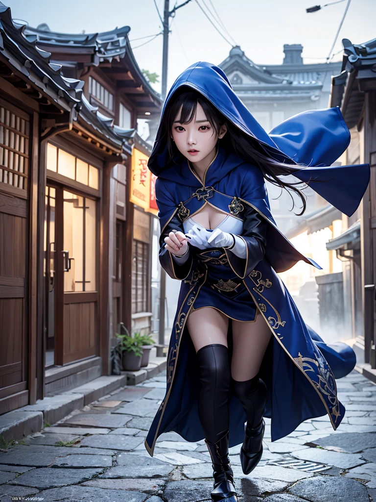 South korea walk women mystery hooded on with modern royal Blue coat with long and wide sleeves with buttons and royal Blue cape and very high white heel over the knee and white gloves, As she reveals a small secret hidden blade coming from his palm , adding to the character's mysterious and agile appearance, with small movements of air on the cape, in summer at night under the rain,medieval south korea house. sophisticated and highly detailed, ultra hd, realistic, hyper detailed, enhanced colours, ultra sharp focus, with vibrant, rich in details High quality, gorgeous, captivating, 8k, super detailed, stunning shadows, detailed lines, blood stain on coat and gloves, corpses in the street recently murdered
