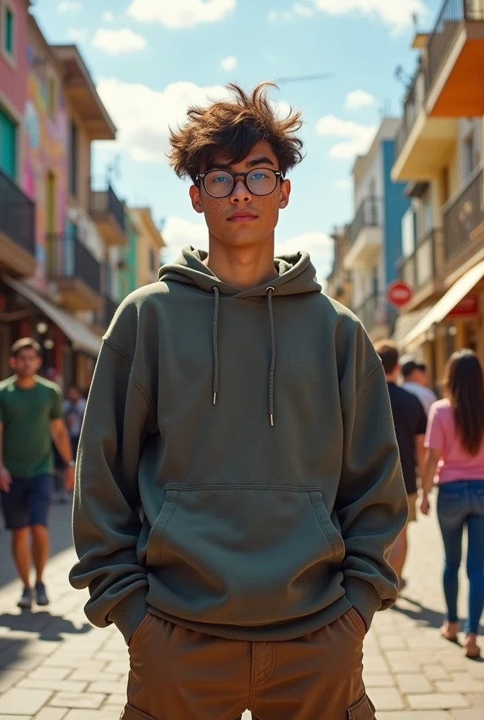 18-year-old guy with a robust build, Mexican, with freckles, round glasses and messy hair astasthetic. wears cargo pants and a sweatshirt.
