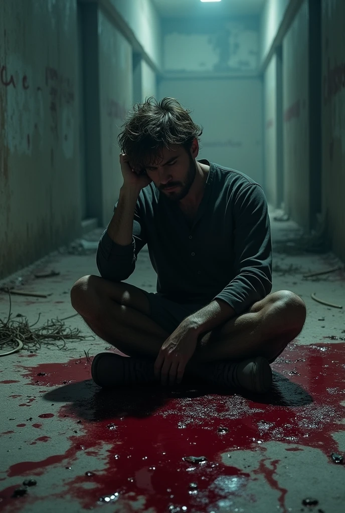 Create a book cover featuring a man sitting on the ground, and the floor is covered in blood